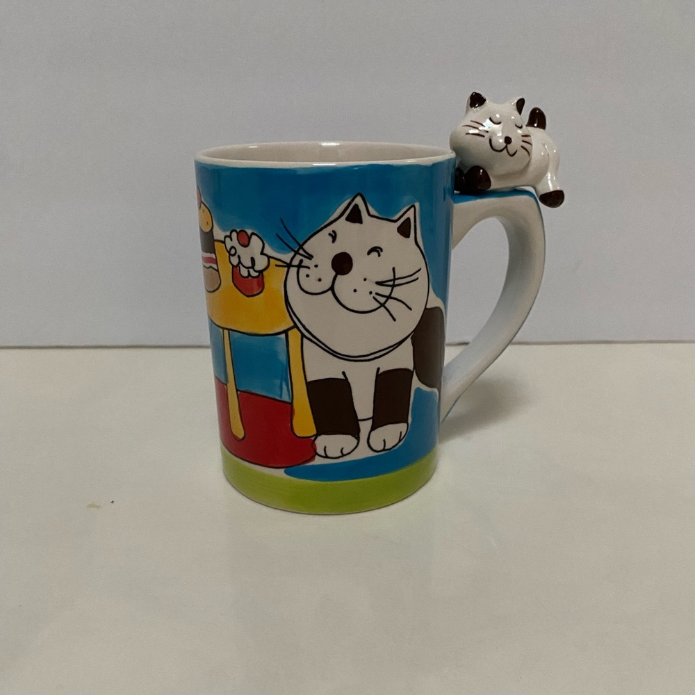 Indra Hand Painted Cat Mug Fine Stoneware 10 oz. Blue Cat Lover Mug